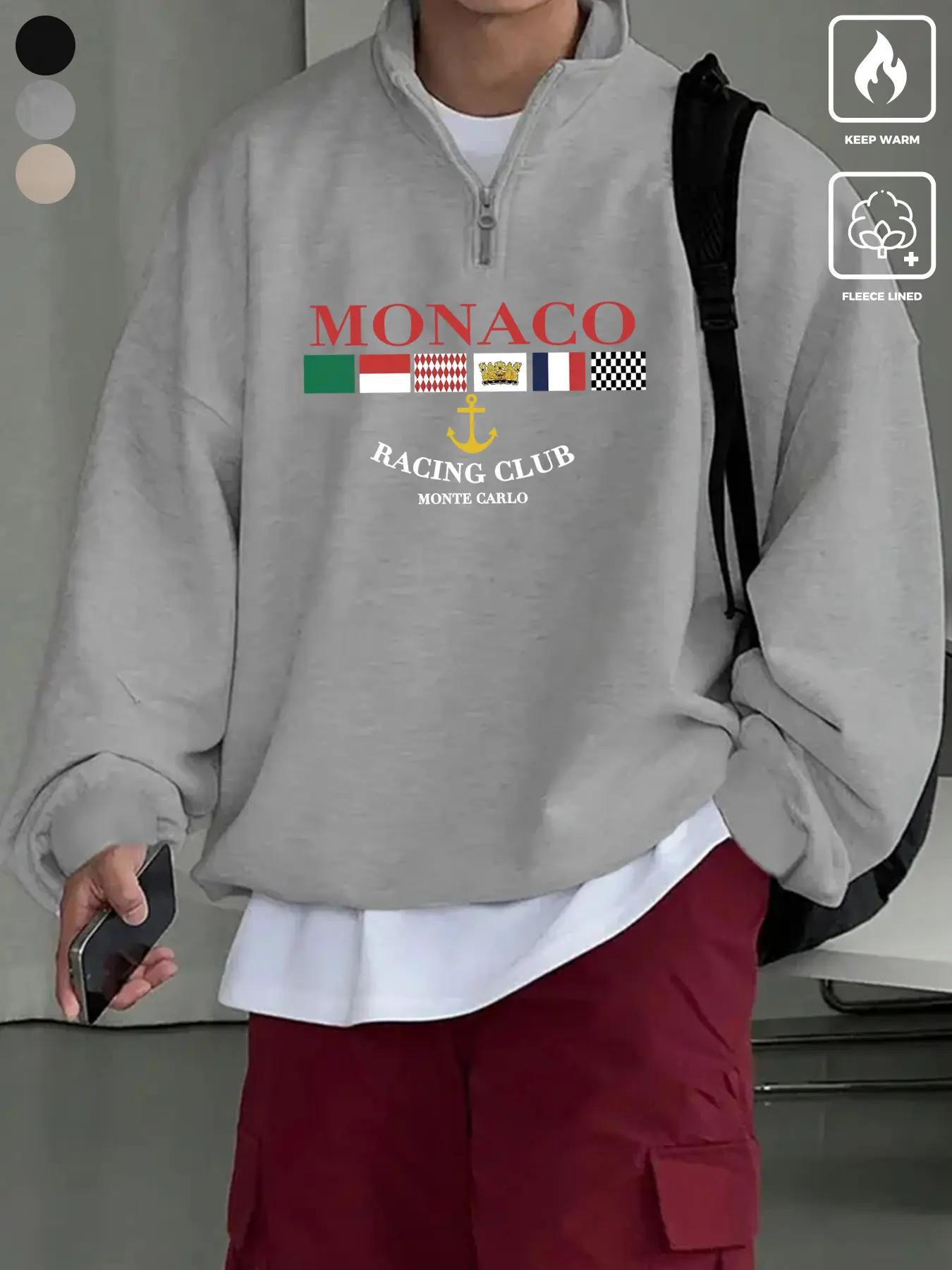 Men's Vintage Classic Monaco Racing Quarter Zip Long Sleeve Graphic Athletic Sweatshirt, Warm Fleece Lined Oversized Casual Sporty Pullover, Retro Collegiate Streetwear for Winter