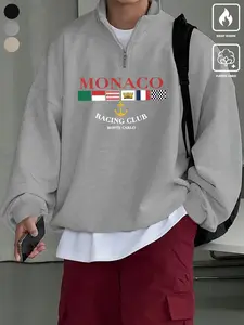 Men's Vintage Classic Monaco Racing Quarter Zip Long Sleeve Graphic Sweatshirt, Warm Fleece Lined Oversized Casual Sporty Pullover, Retro Collegiate Streetwear for Winter