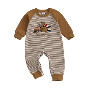 My First Baby Boy Thanksgiving Outfit Newborn Turkey Embroidery Romper Long Sleeve Striped Sweatshirt Jumpsuit Fall Clothes