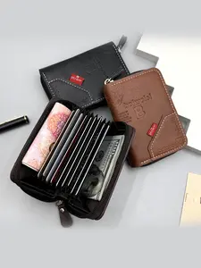 Men's Business Style PU Leather Wallet, Foldable Card Holder, Solid Color, Safe Zipper, Coin Pocket, Unisex ID Case, Valentine's Day Gift