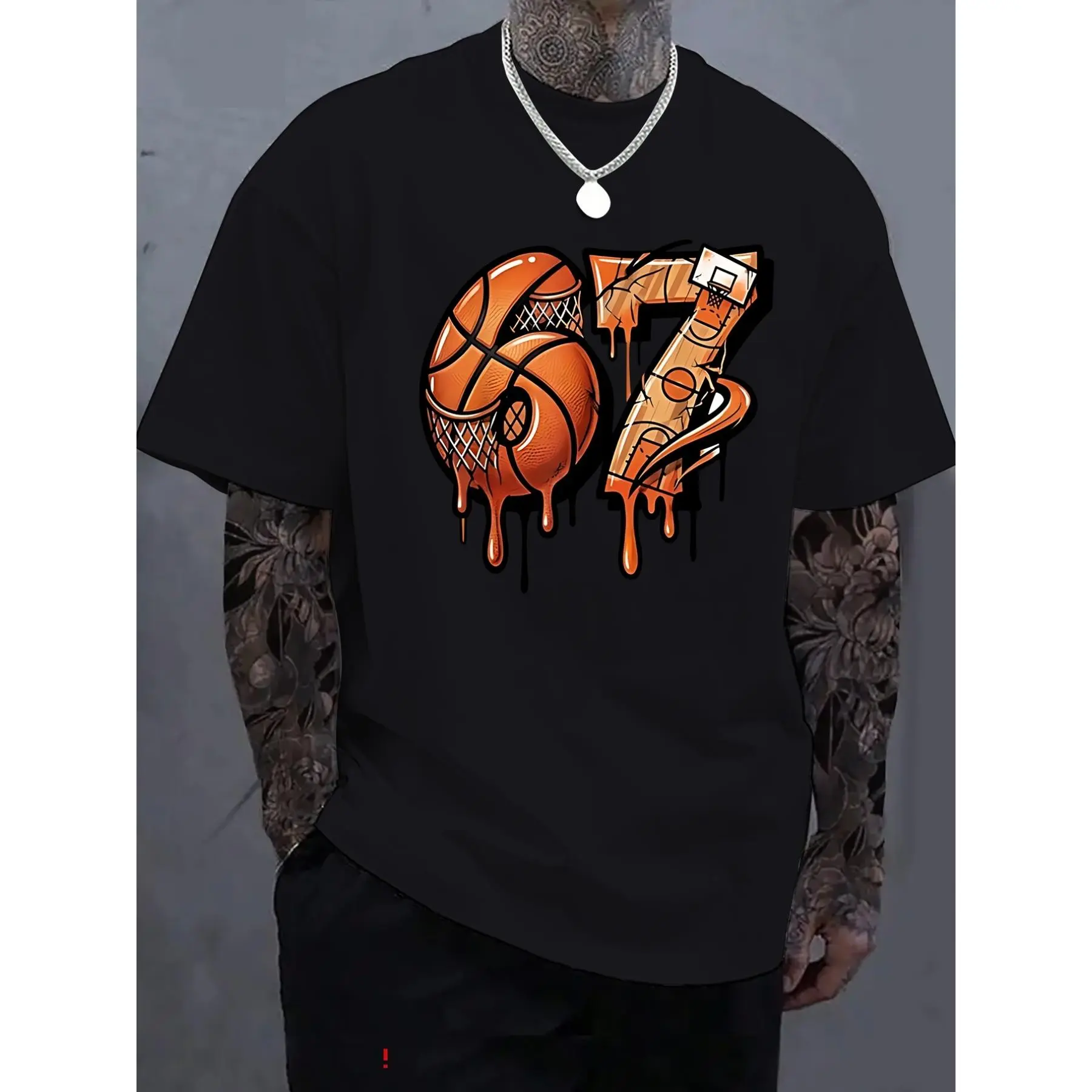 Men's Plus Size Graphic T-Shirt, Stylish Number 7 Print Crewneck, Casual Loose Fit Shortsleeve Top, Lightweight Undershirt for Sports