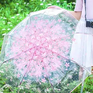 Foldable Umbrella, Rainproof Umbrella, 1 Count Transparent Flower Pattern Umbrella, Portable Automatic or Manual Retractable Umbrella for Women & Girls