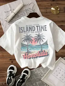 White Washed Oversized Honolulu 'Island Time' Aloha State Graphic T-Shirt - Beach Vacation Top, Prints, Plant, Island Vacation Streetwear, Soft Fabric Perfect for Beach Outings & Daily Relaxed Wear, Bold Sunset Coconut Tree Design, Clothes
