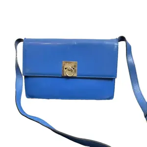 Pre-owned Celine calfskin Crossbody Bags Vintage Bright Blue Gold Tone Ring Buckle Flap Shoulder & Crossbody Bag Briefcase with Iconic Logo Clasp and Wide Leather Strap