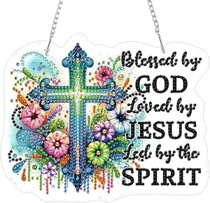 AIBOERL 5D DIY Special Shape Diamond Painting Hangable Ornament, Christian Cross with Flowers, Decorative Art Craft for Home Wall & Door Decoration