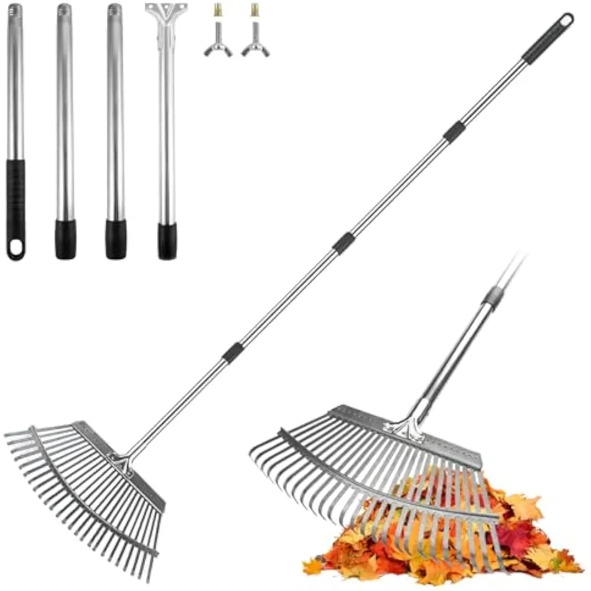 Adjustable Leaf Rake, 18-Inch Wide Heavy Duty Garden Rake with 62-Inch Long Handle, Large Metal Leaf Rake for Lawn Yard Grass, Flower Beds, Outdoor Use, Rastrillo para Jardin