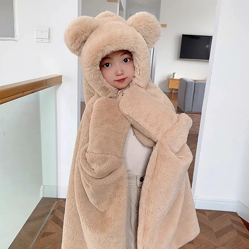 Cute Cartoon Cozy Plush Hooded Cloak Blanket, Shawl-Style Nap Blanket for Youth