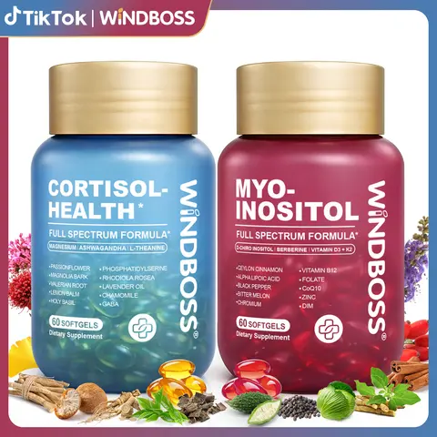 WindBoss Cortisol Support + Myo-Inositol with Vitamins D3 & K2, Magnesium, KSM-66 Ashwagandha and L-Theanine, for Hormonal Balance and Healthy Metabolism, 2-Bottle Set