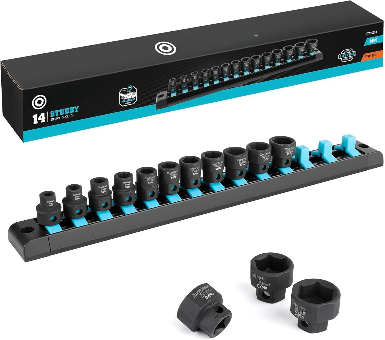 14pc 3/8" Drive Stubby Impact Socket Set - Metric Low Profile (6-19mm), Cr-Mo Steel, Socket Organizer Rail for Shorter Reach Automotive Repairs & Convenient Storage