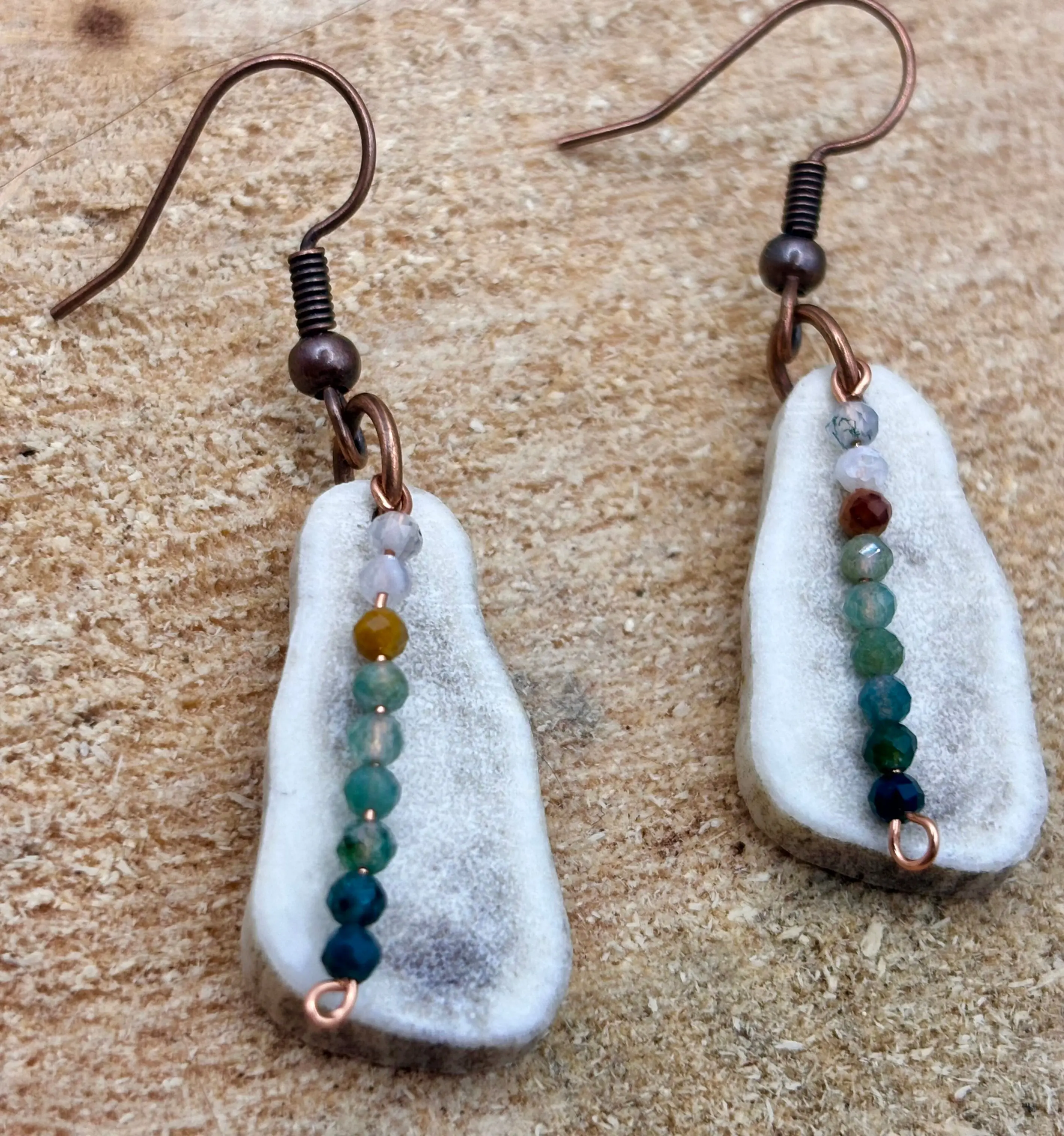 Handmade Western Boho Antler & Moss Agate Copper Wire Drop Earrings