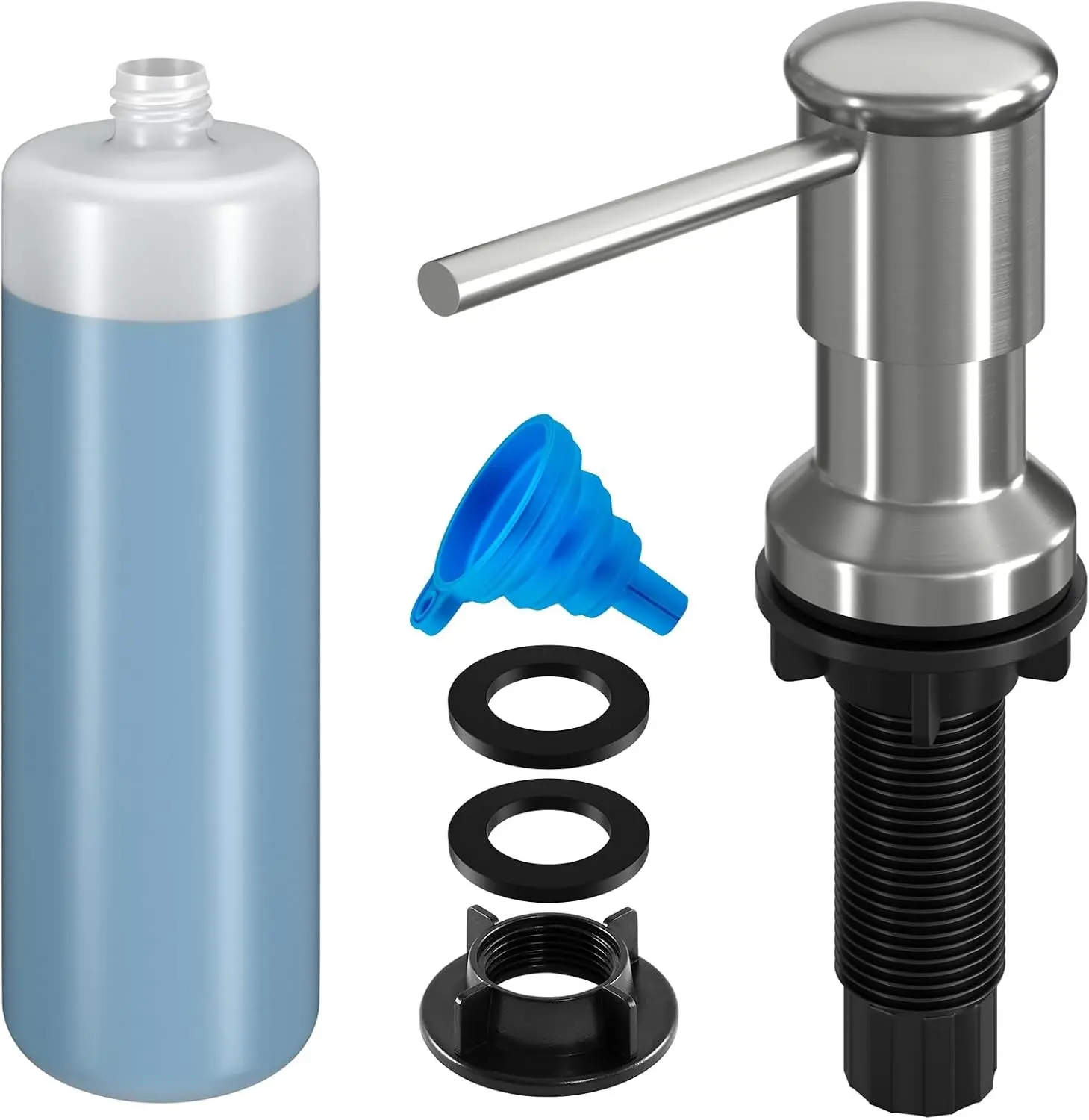 Dish Soap Dispenser, Kitchen Sink Soap Dispenser Pump with 17 OZ Bottle, Refill from The Top, Wide Pump Head Base (Brushed Nickel)