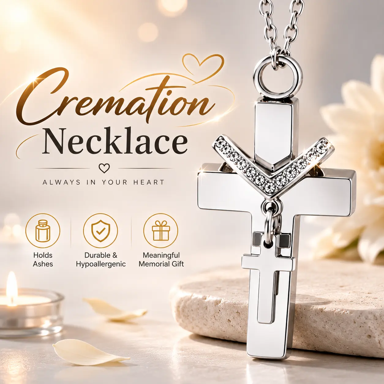 Elegant Female Heart Cross Urn Necklace for Ashes - Stainless Steel, Sparkling Diamond, Waterproof, 12.4*0.92*0.48in Semi-Mechanical Cremation Keepsake for Pets/Human Ashes