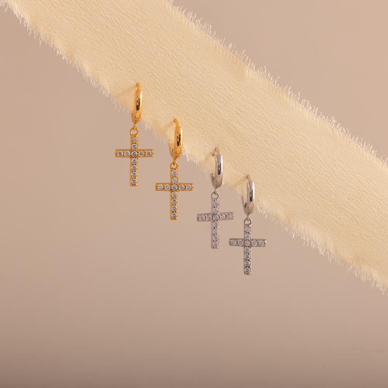 Pave Cross Hoops by Caitlyn Minimalist - Dainty Diamond Cross Earrings - Dangle Drop Huggie Earrings - Minimalist Jewelry - Gift for Her