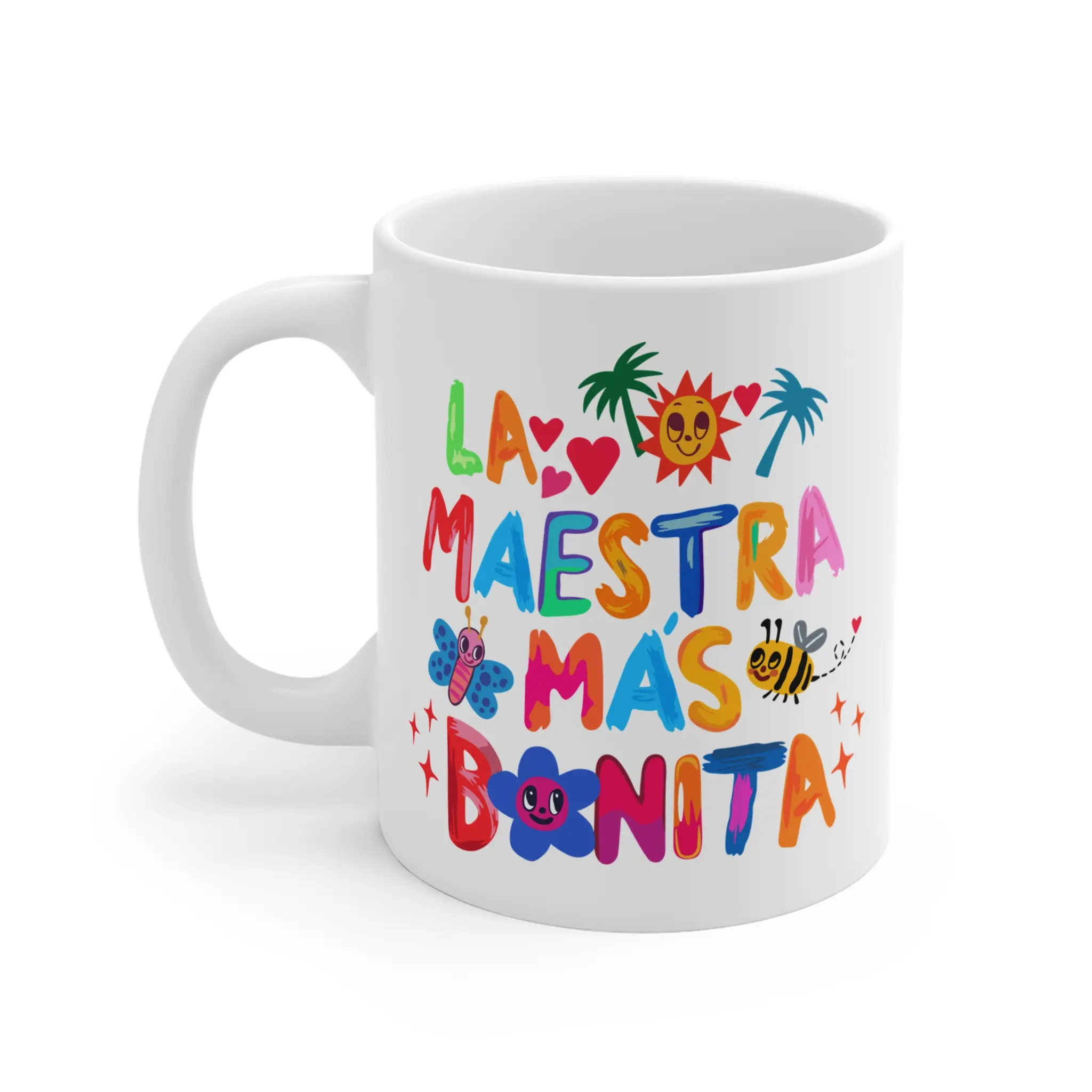 La Maestra Mas Bonita Mug | Colorful Teacher Design, Tropical Icons