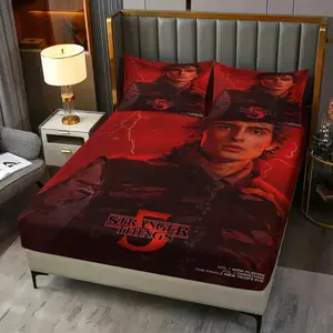 Stranger Things Theme Printed Fitted Sheet Set, Includes 1 Fitted Sheet and 2 Pillowcases, Breathable Comfort Durable Skin-Friendly, Dark Fantasy Style Soft Comfortable Gift & Bedroom Decor For Fans
