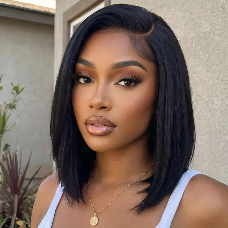 UNice Bye-Bye Slip Side Part Sleek Blunt Cut Straight Bob Wig Glueless 6x4 Lace Closure Chin Length Straight Human Hair Wigs with Drawstring Summer Wig