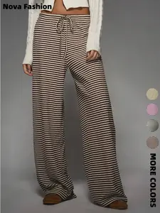 Women's Striped Knit Wide Leg Pants, Chic Comfy Pants, Comfortable Winter Ribbed Fabric, Elastic Waist Drawstring, Casual Palazzo Style, Perfect for Christmas