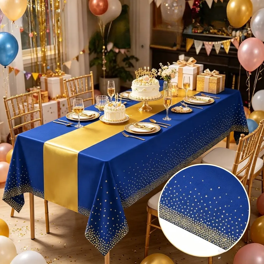 1-Set Rectangular Gold Dotted Tablecloth & Gold Table Flag Set, Shiny Dining Table Decor for Indoor-Outdoor Weddings, Birthday Parties, Holiday Gatherings