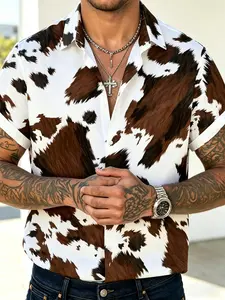 2026 popular cow print men's short sleeved shirt, Animal Print Shirt, casual summer streetwear, Casual Street Style, Western Y2K aesthetics, vacation breathable top, beach, daily clothing, viral TikTok fashion # Y2K # ViralTikTok