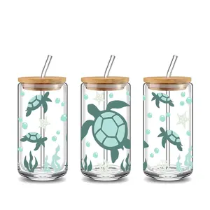 Sea Turtle Starfish Coral Ocean 16oz Glass Can Cup with Lid and Straw, Reusable Glass Drinking Cup, High-Quality Jar for Iced Coffee, Hot Chocolate, Stylish Glassware, Perfect Gift for Sea Turtle Lovers, Ocean Fans, Kids, Coffee Lovers
