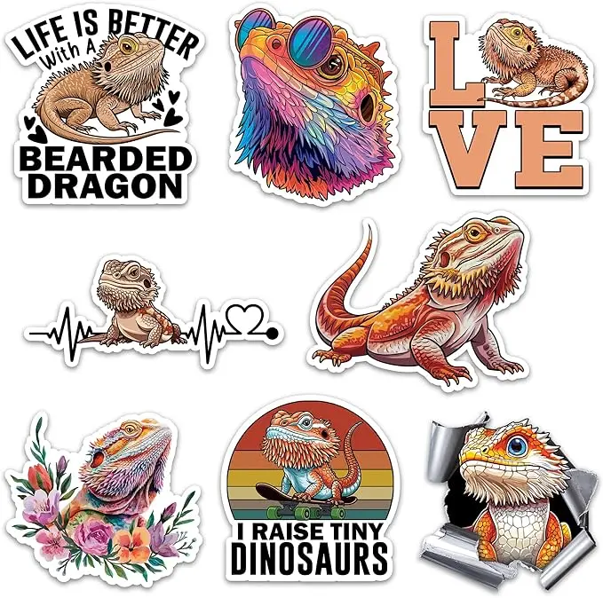 8 Pcs Sticker Bearded Dragon- Vinyl Stickers Laptop Waterproof Decal for Car Bumper Water Bottle Notebook Luggage Window Party Birthday Decorations