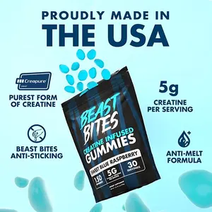 Beast Bites Creatine Infused Gummies with Creapure NSF Certified 5g Monohydrate per Serving Sweet Blue Raspberry Flavor Non-GMO Gluten Free Vegan