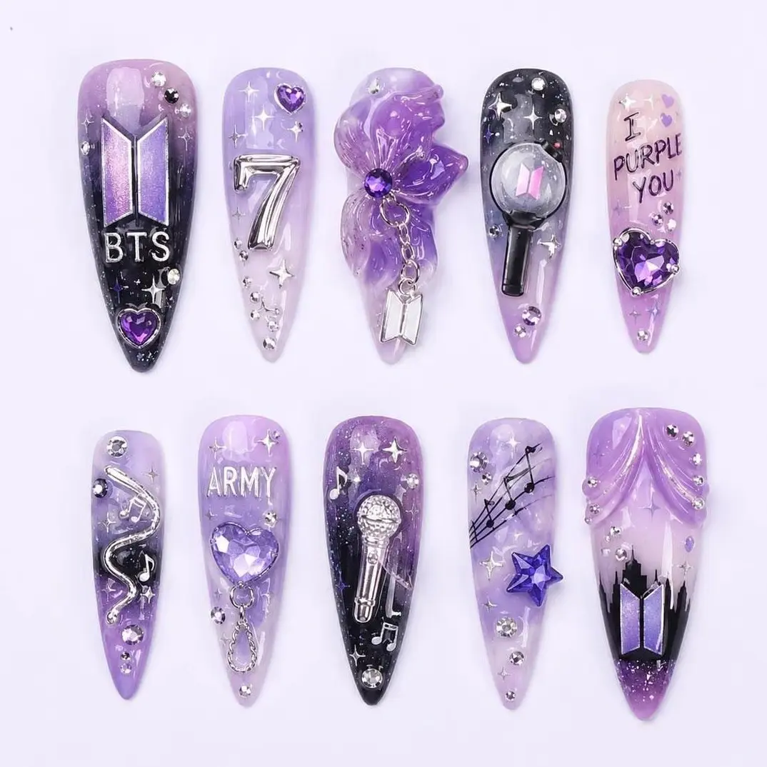 Kpop Inspired Cupid Voyage Nails | 7 Spirit Arirang Love Muse Press Ons | Purple White Silver Retro Pop Nails | ARMY Concert Nails |