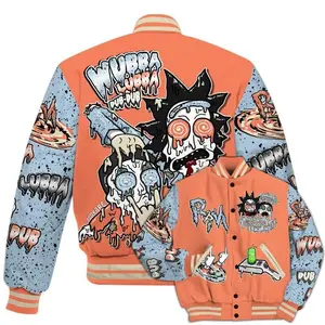 Riick And Mortyy Wubba Lubba Dub Dub Baseball Jacket, Trippy Cartoon Graphic Outerwear For Men Women, Psychedelic Art Print, Warm Winter Bomber Jacket