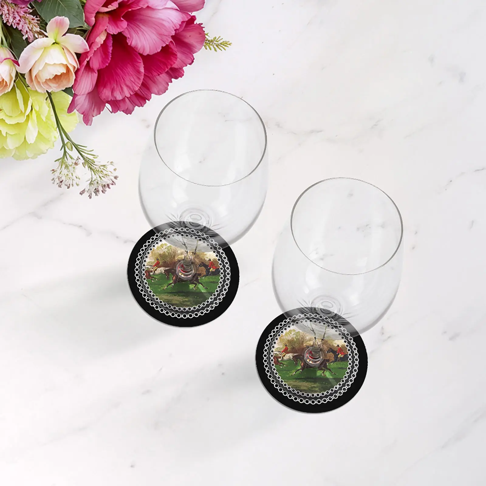 English Hunting Vegan Leather Round Coasters
