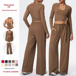 New solid color double-sided brushed drawstring long-sleeve vest three-piece sports running fitness yoga outfit set