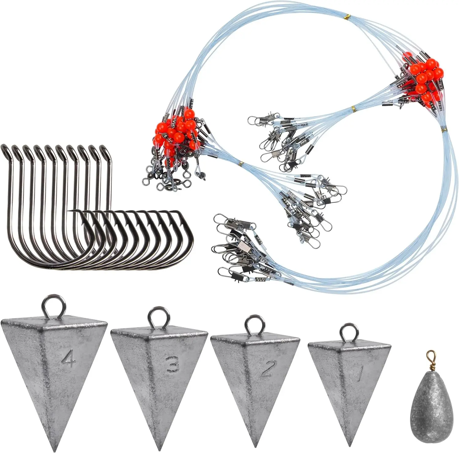 Saltwater Surf Fishing Tackle Kit - Saltwater Surf Fishing Rigs Bottom Rigs Include Fishing Leader Rigs Pyramid Sinkers Bass Casting Sinker Circle Hooks for Striped Bass Red Drum Flounder