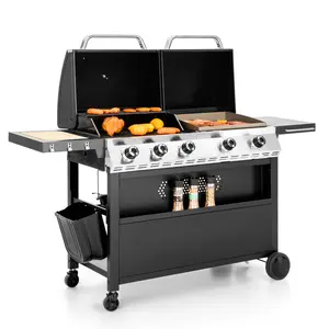 PHI VILLA 6-Burner Propane Gas BBQ Grill with Side Burner, Porcelain-Enameled Cast Iron Grates, 65,800 BTU Cooking Area, Black Finish