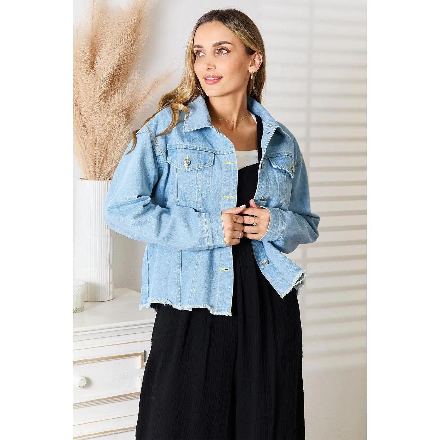 Dropped Shoulder Raw Hem Denim Jacket