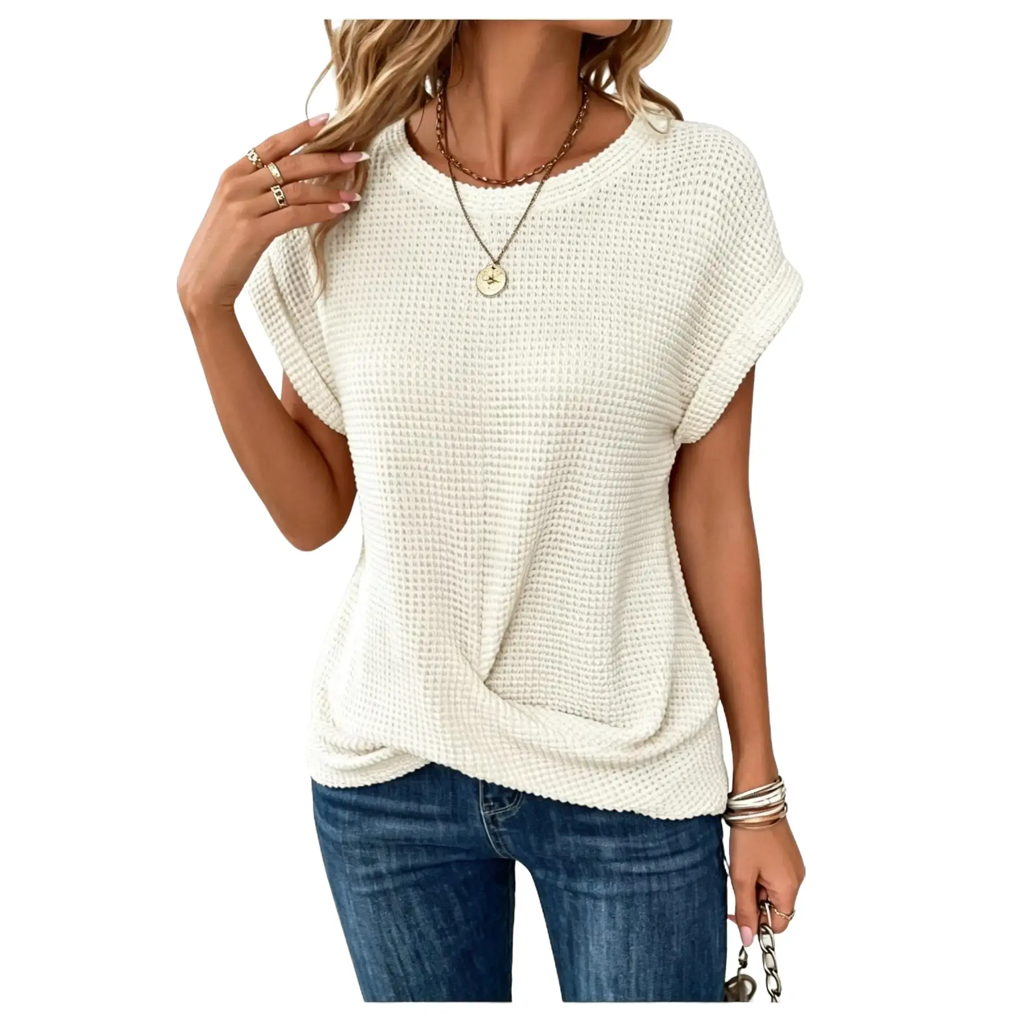 New Summer Style Waffle Pattern Loose Solid Color Round Neck Short Sleeve T-Shirt, Women's Short Sleeve T-Shirt, Summer Clothing, Summer Top, Fashionable Top