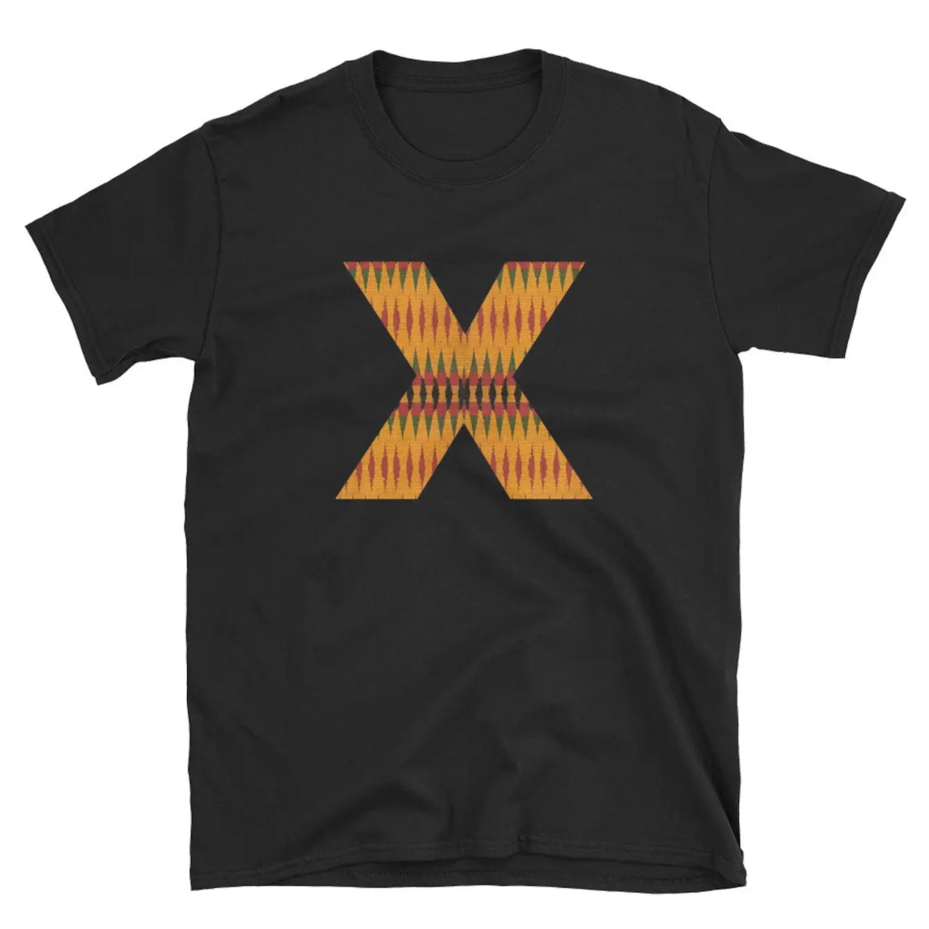 Women's Monogram initial X in Kente style unisex apparel Graphic T-Shirt - Short Sleeve Crew Neck Regular Fit Casual Wear | Soft & Breathable Fabric, Durable Print, Everyday Comfort, Machine Washable, African cultural print with geometric patterns