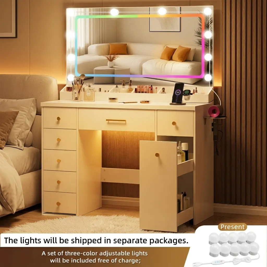 Vanity with a large mirror and colorful LED lighting (includes a set of three-color lights) 7 drawers a hair dryer holder, and a two-tier sliding cabinet on wheels. Power outlet. This bedroom dressing table makes the perfect gift