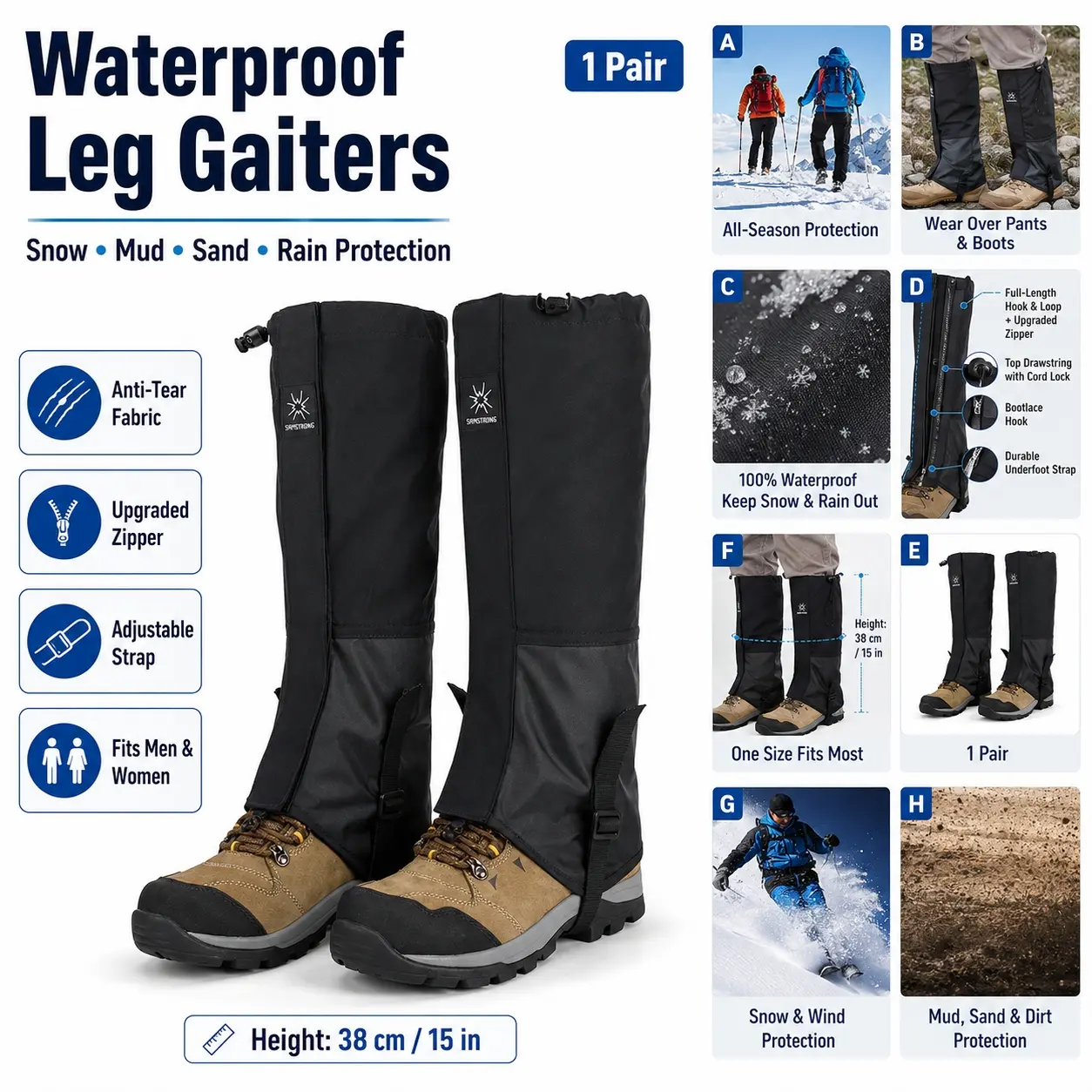1 Pair Waterproof Leg Gaiters, Outdoor Snow Boot Gaiters for Men Women, Anti-Tear Hiking Gaiters with Upgraded Zipper, Adjustable Strap Mud Sand Snow Protection Boot Covers for Hiking, Snowshoeing, Skiing, Hunting, Climbing & Trail Running, Shoes Cover