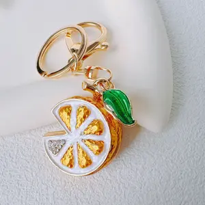 Creative Cute Fruit Keychain, Alloy Rhinestone Dripping Oil Emulational Fruit Lemon Keychain Cars and Bags Pendant Gift