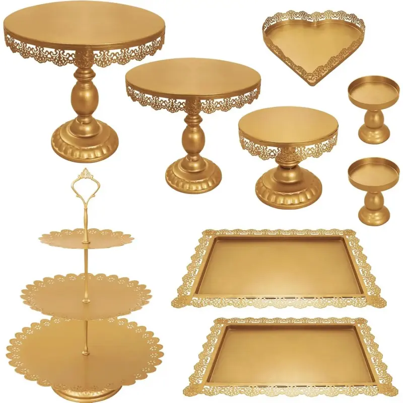 Gold Hollow 9-Piece Metal Cake Stand Set - 3-Tier Removable Trays, Heart-Shape Tray, Small Cupcake Stand with Base, Easy Installation, Wipe-Clean Metal for Birthday Party, Christmas Festive Supplies
