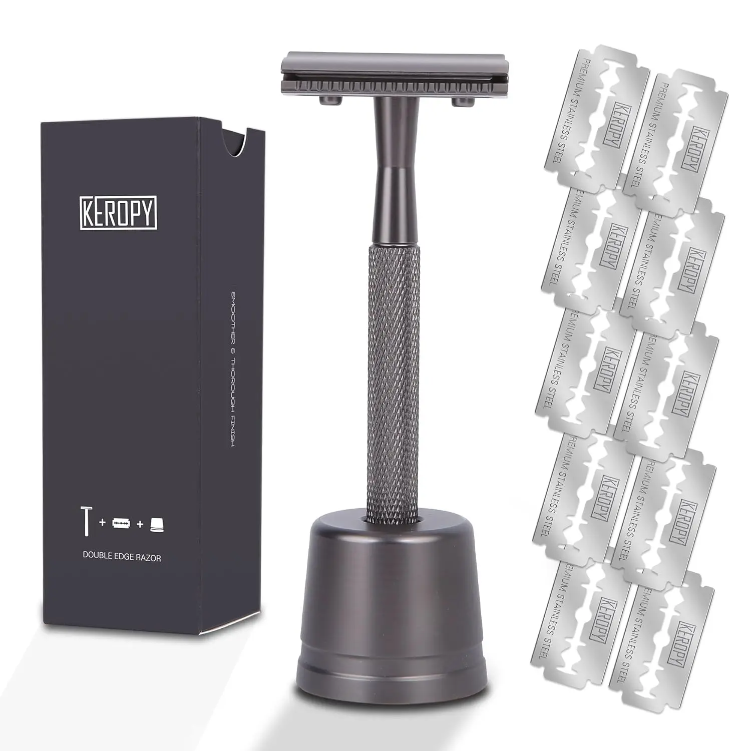 Double Edge Razor With Stand and 10 Premium Stainless Steel Blade Safety Razors For Men Shaving Razor, Matte Black Double Edge Safety Razor, Gun Black