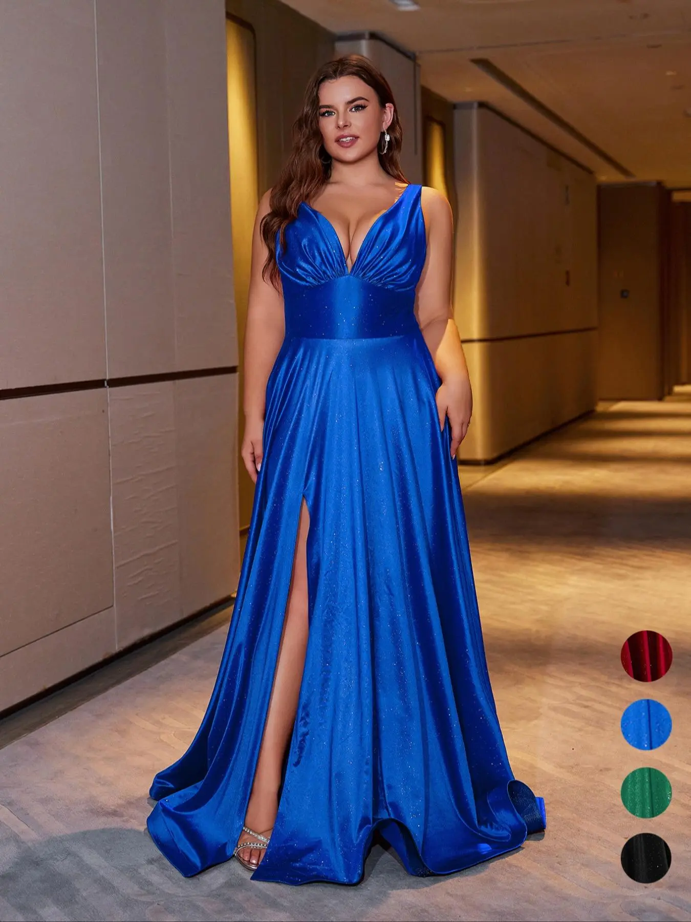 Plus Size Glitter Sequins, Evening Sequin Details, Ruched Backless Split Thigh Satin Formal Evening Statement Dress, Elegant Party Gown, Deep V Neck Sleeveless Maxi Dress for Party & Banquet, Formal Wear, Ruched Sequin Dresses