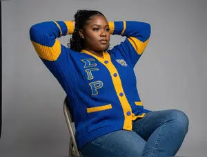 Sigma Gamma Rho Striped Knitted Cardigan Sweater,  Royal Blue & Gold