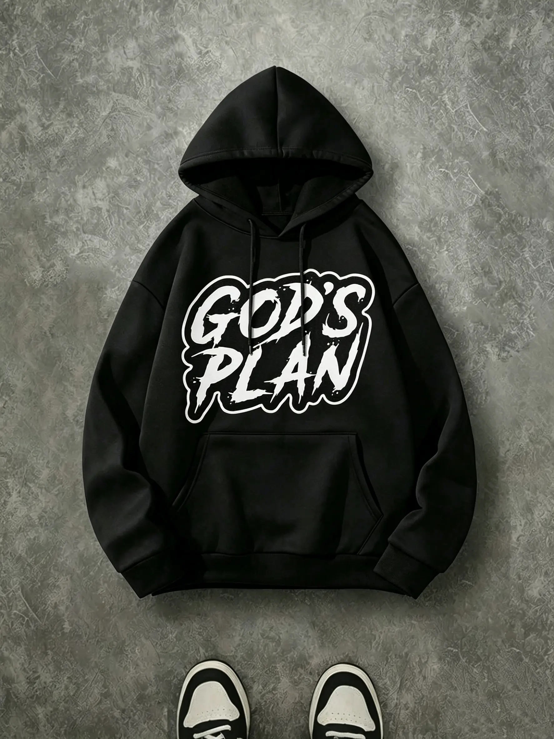 God's Plan Graffiti Outline Brush Letter Hoodie, 270G Brushed Fleece White Distressed Faith Front Print Black Hooded Sweatshirt, Urban Inspirational Christian Streetwear Pullover For Men & Women