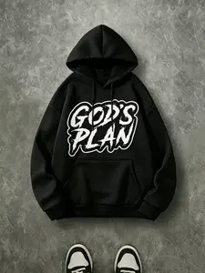 God's Plan Graffiti Outline Brush Letter Hoodie, 270G Brushed Fleece White Distressed Faith Front Print Black Hooded Sweatshirt, Urban Inspirational Christian Streetwear Pullover For Men & Women