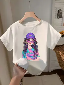 Stylish Graphic Print White T-Shirt Featuring a Chic Girl with Long Wavy Hair - Trendy Purple Cap, Pink & Blue Sunglasses, and Tie-Dyed Design - Comfortable Summer Cotton Tee, Perfect for Casual Outings, Beach Days, and Fashion Lovers - Unique Gift Idea f