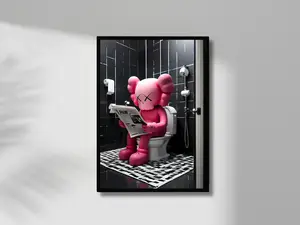 Pink Kaws Reading Newspaper Sitting on toilet Poster, Kaws Toilet Poster, Washroom Decor Glossy Decoration