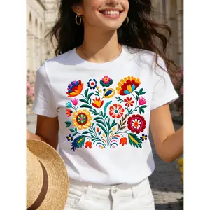 A-Women's pure cotton short-sleeved shirt, adorned with a colorful ethnic floral print, featuring a multi-colored floral pattern in red, yellow, blue, and green.A versatile round neck shirt, ideal for summer. Fabric