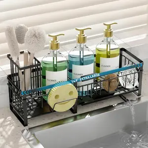 Extra Large Extendable Sponge Holder for Kitchen Sink Metal Material Rustproof Sink Caddy Organizer with High Brush Holder Dish Soap Dispenser Organizers and Storage Kitchen Countertop Organizers and Storage Essentials tiktokshopspringglowup