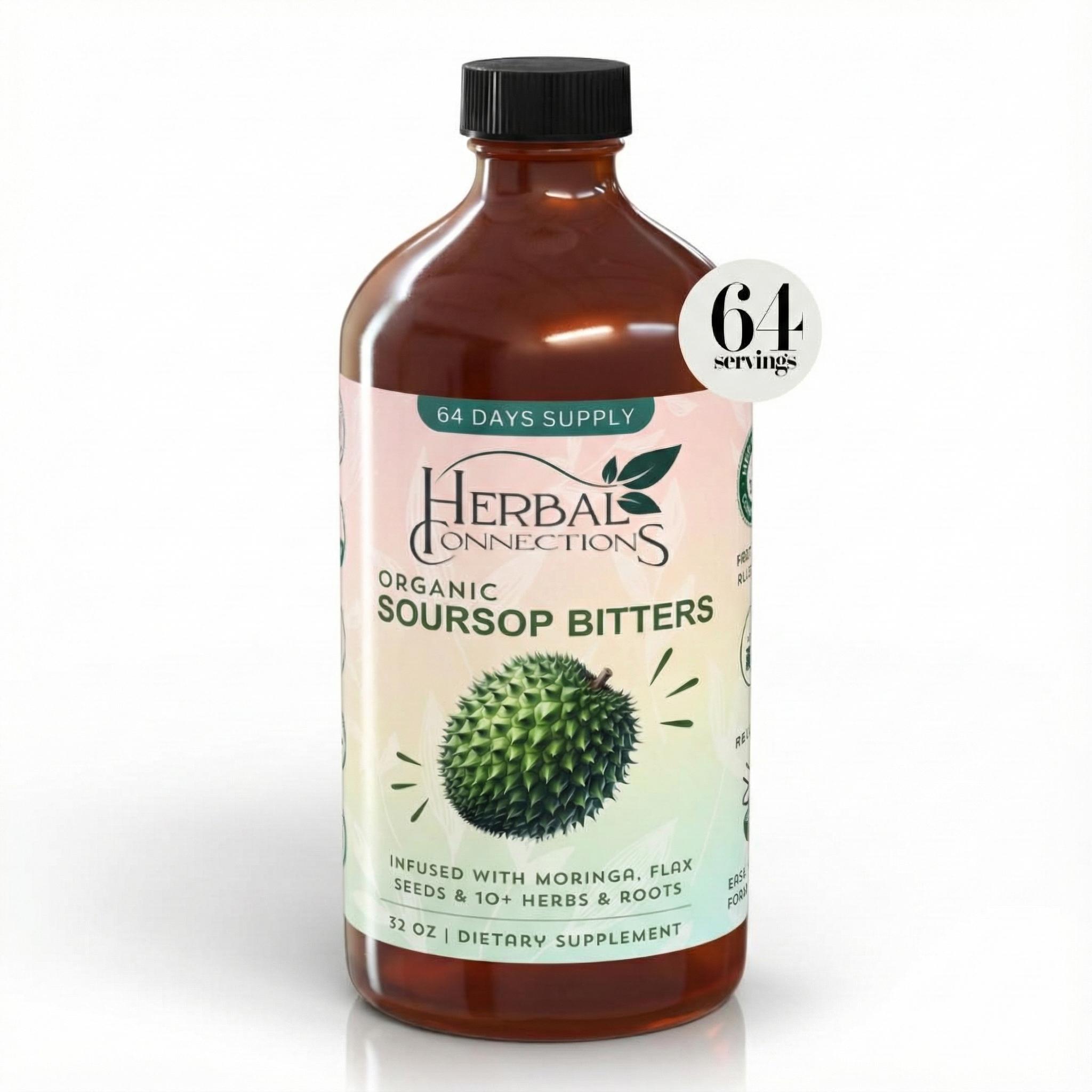 Organic Soursop Bitters 32 oz - 64 Servings - 20 Herb Formula for Gut Health, Immune Support - Healthcare supplement Nat