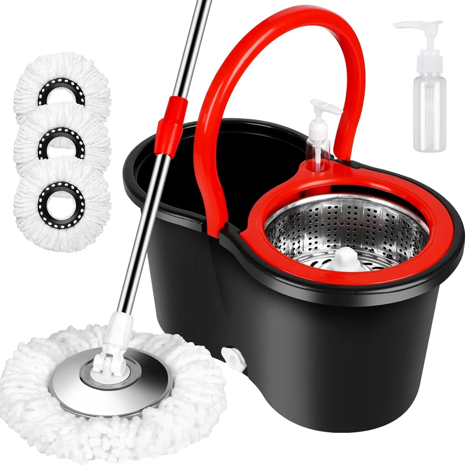 Mop Bucket with Wringer Set, 360 Rotation Mop Bucket Systerm for Floor Cleaning with 3 Microfiber Mop Head for Office and Home Use, Black (20QT)